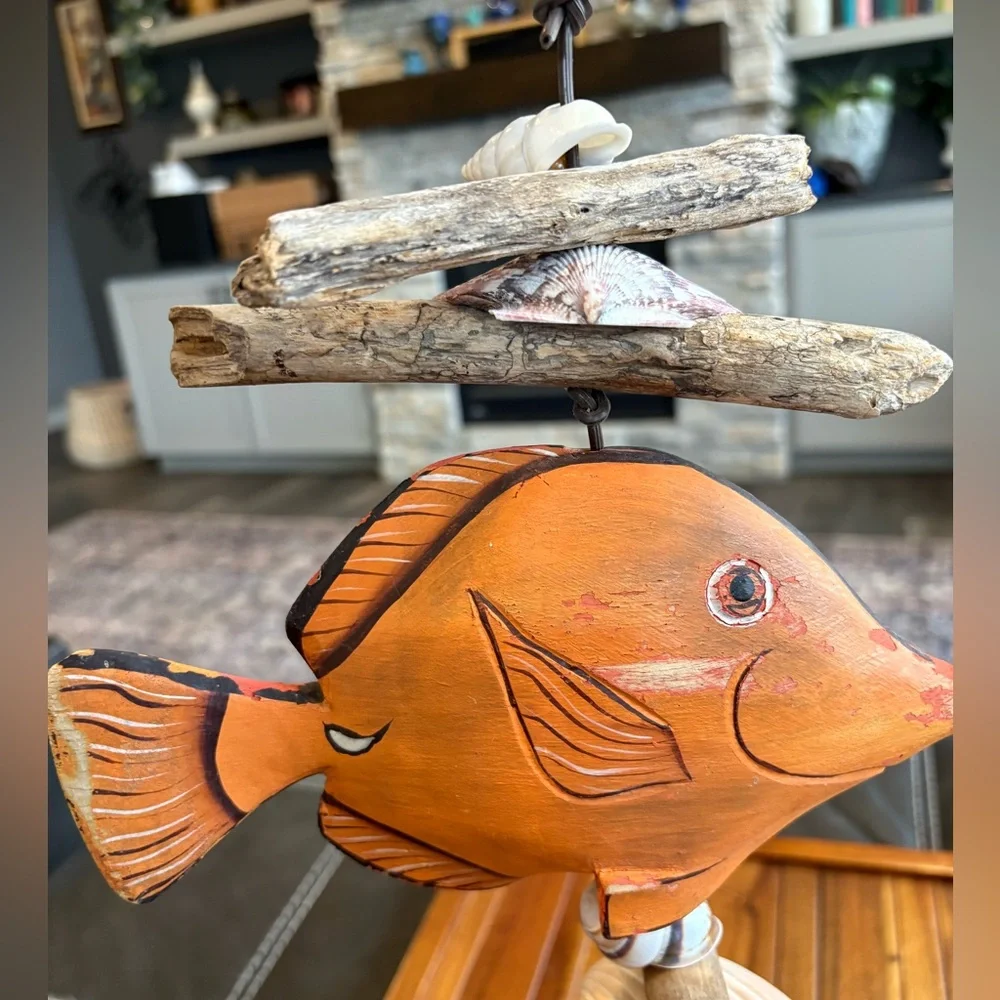 Hawaiian Folk Art Fish Mobile Carved Fish, Driftwood Sea Shells Coral